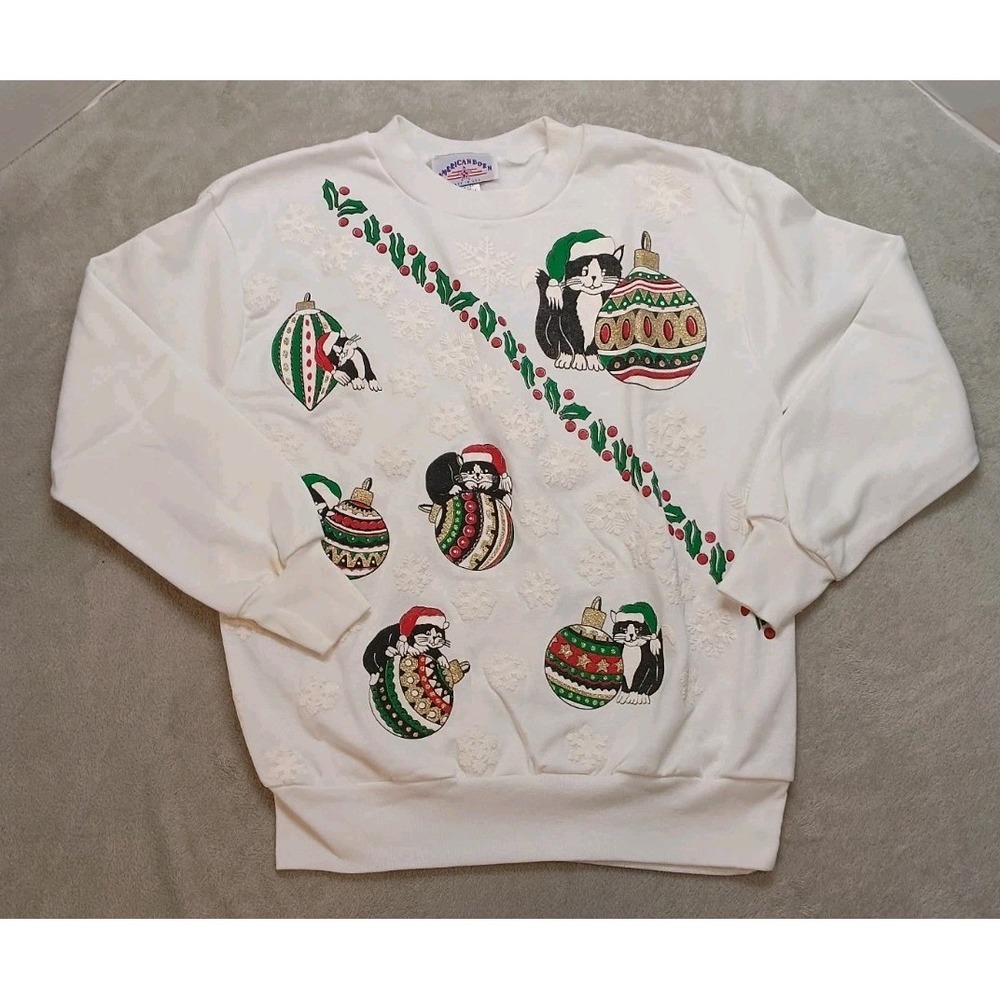 Vintage 80s 90s Christmas Sweater Black And White Cats Women's Size Medium USA.